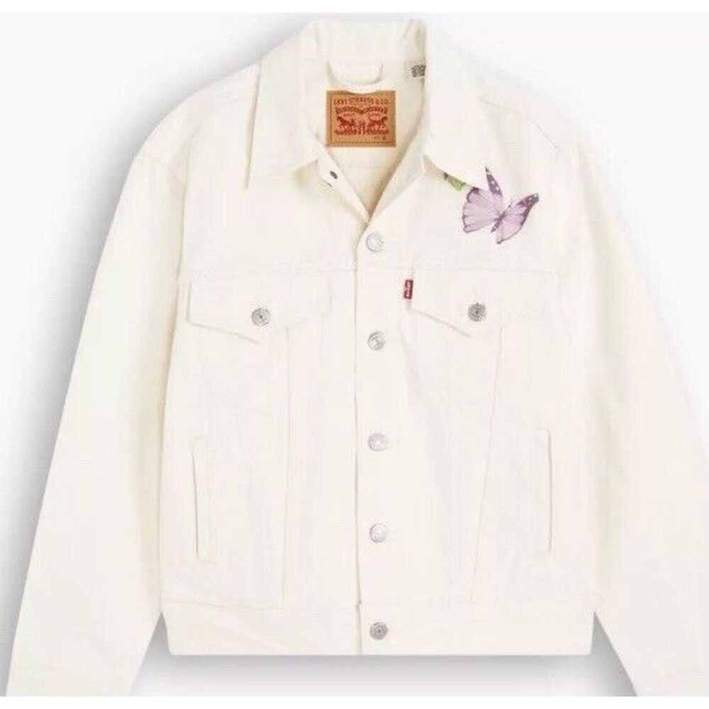 NEW $98 Levi's Ex Boyfriend Trucker Jacket Ivory Butterfly Denim Womens Size XL